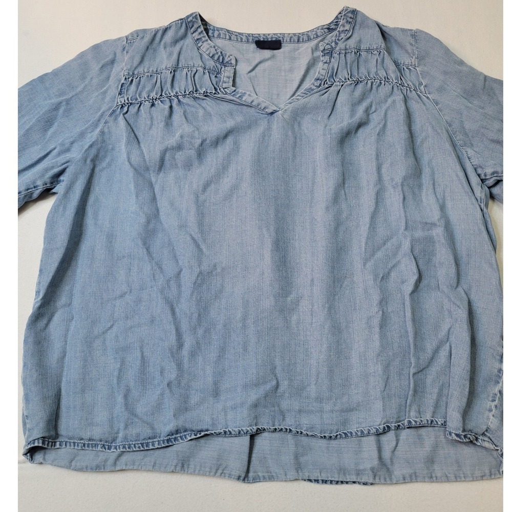 Splendid Womens XL Light Wash Chambray V-Neck Pleated Blouse Long Sleeve 1703